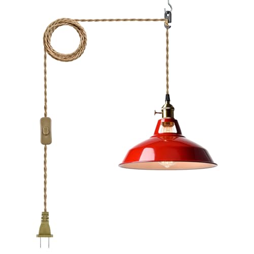 YUBOLE Plug-in Pendant Light Vintage Red Barn Shade Hanging Light Fixture Adjutable Hanging Cord...