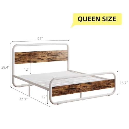 Image of Queen Bed Frame, Metal Platform Queen Bed Frame with Wood Headboard, White | RBG LED Lights /Heavy Duty Metal Slats Support /12 in Under-Bed Storage /Noise-Free /No Box Spring Needed /Easy Assembly