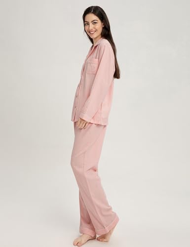 Image of Womens Muslin Pajama Set 100% Cotton Double Gauze Linen Like | Breathable Soft Comfort Button Up Loungewear Sleepwear PJ Set