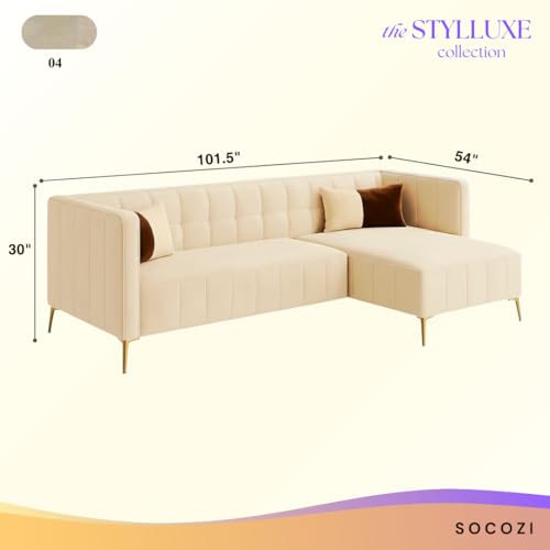 Image of SOCOZI Stylluxe 6 Seater Velvet Fabric RHS L Shape Sofa Set for Living Room |Fabric L Shape Sofa Set for Home & Office (Cream)