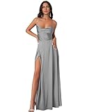 Nicktane Open Back Bridesmaid Dresses - Satin Spaghetti Strap Long Wedding Evening Gowns with Slit Silver Grey US28