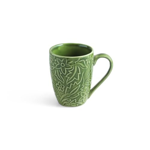 Image of ExclusiveLane 'Green Flora' Ceramic Coffee Mugs Set of 2 (Set of 2, 290 ml, Microwave and Dishwasher Safe, Hand-Embossed) | Ceramic Coffee Mug Coffee Cup Set of 2 Tea Mugs Set Tea Cups Ceramic Mugs