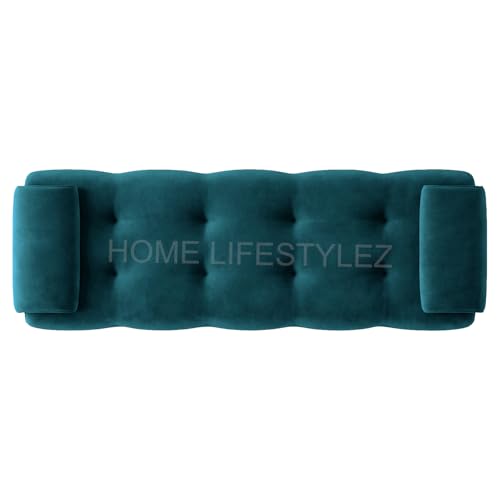 Image of Home Lifestlez Monel 2 Seater Tufted Ottoman Bench | Velvet Upholstered | Seating Bench Window Bench Footrest Stool End of Bed Bench Living Room Furniture | Comfortable & Stylish - T Blue