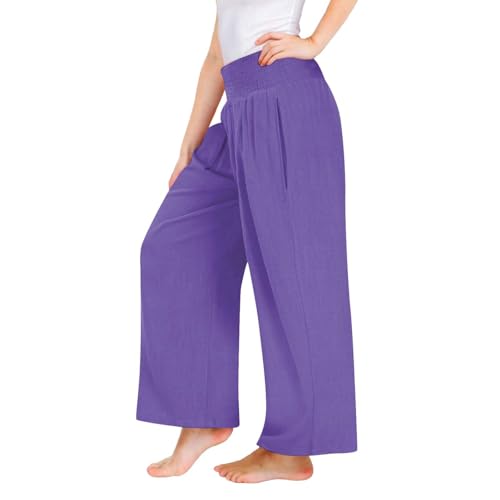 Girls Baggy Cotton Linen Pants Elastic High Waist Wide Leg Flowy Lightweight Palazzo Trousers with Pockets for Teen2
