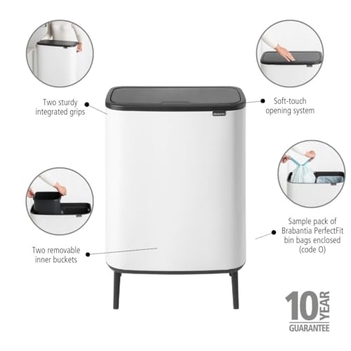 Image of Brabantia Bo Hi Touch Top Kitchen Trash Can with Dual Compartments & Raised Legs | White | 2 x 8 Gal Inner Buckets | Soft-Close, Light Touch Opening, Stay-Open Lid | + Trash Bags