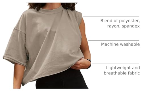 Image of HUGOOME Womens Oversized Workout Crop Top Casual Short Sleeve Boxy Roll Hem | Basic Half Split Sleeve Drop Shoulder Loose Yoga Running Gym Tee Cropped T-shirt Solid Trendy Relaxed Daily Tee