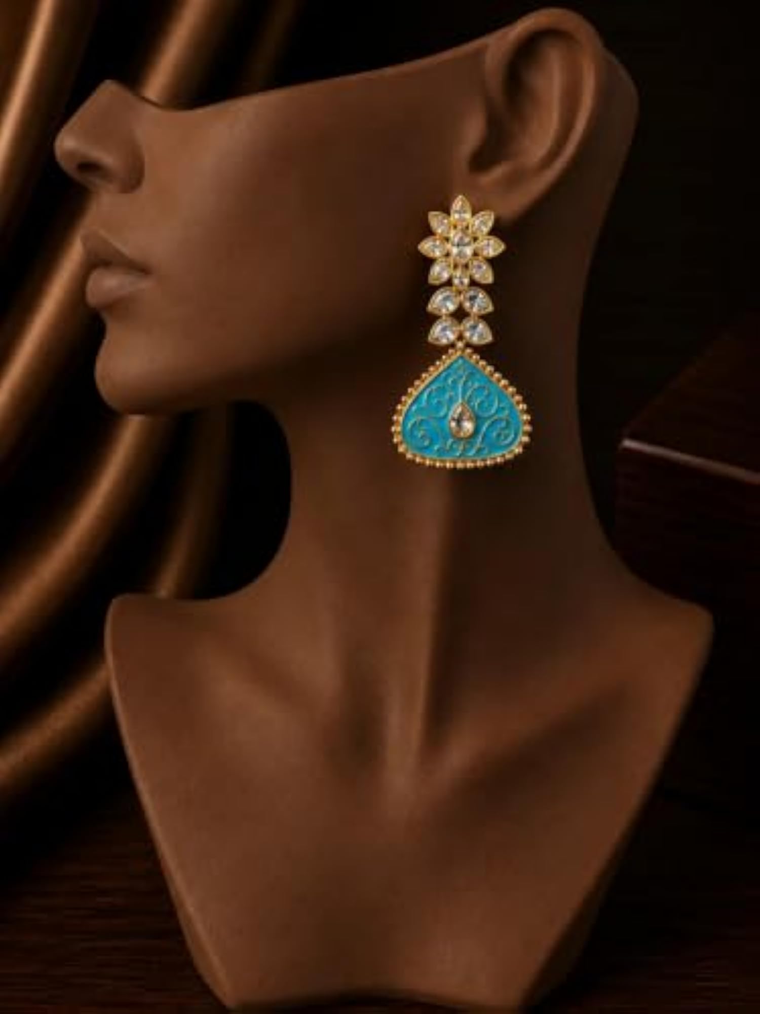 Women's Gold-Toned Blue Enamel Crystal Floral Drop Earrings