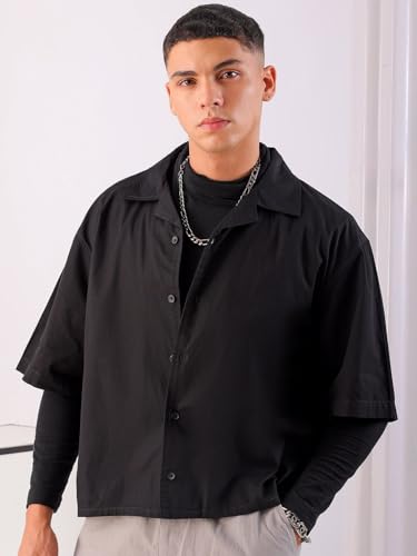 Image of The Indian Garage Co Men Boxy Fit Graphic Print Half Sleeves Cuban Collar Street Wear Cropped Shirt