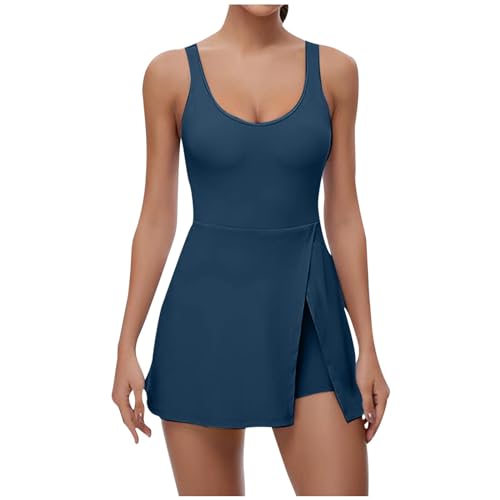 CreoQIJI Abito da donna corto da tennis, vestito sportivo con scollo a U e pantaloncini integrati, per mini abito svasato a impulso, Blu marino, S