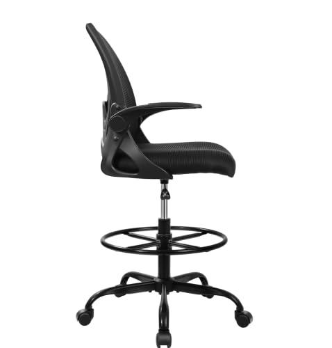 Image of Primy Drafting Chair Tall Office Chair with Flip-up Armrests Executive Ergonomic Computer Standing Desk Chair with Lumbar Support and Adjustable Footrest Ring (Black) (Pack of 2)