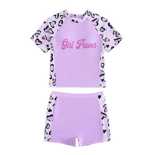 Hotfiary Girls Two Piece Short Sleeve Swimsuit, Kids UPF 50+ Swimming Costume, Tween Girl Heart Leopard Swim Shirt Top and Short Set, Summer Sun Protection Beach Pool Swimwear for 8 9 10 11 12 Years