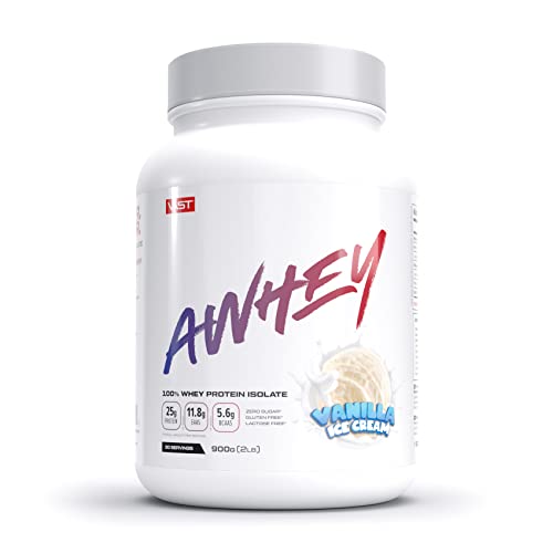 AWHEY - Whey Protein Isolat - Whey Premium Eiweißpulver reich an EAAs & BCAAs - Zuckerfrei, Glutenfrei, Laktosefrei - 30 Portionen - Made in Germany - Vanilla Ice Cream - 900g Cover