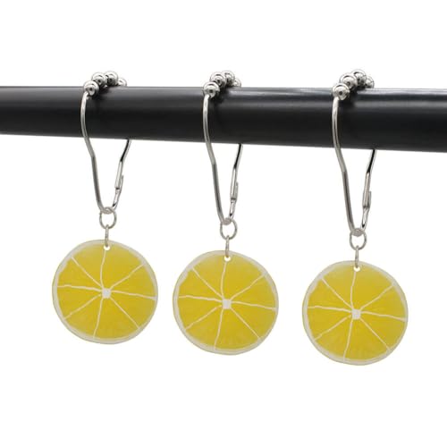 Yellow Lemon Shower Curtain Hooks for Bathroom, Rustproof Stainless Steel Decorative Shower Curtain Rings with Simulated Lemon Slice Pendant for Fruit Summer Theme Bathroom Decor (A)