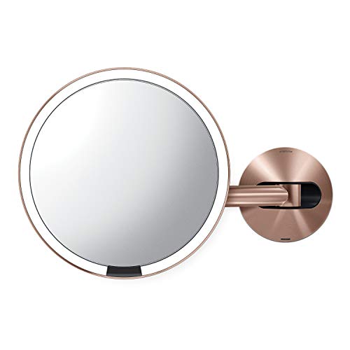 simplehuman ST3018 8" Round Wall Mount Sensor Makeup Mirror, 5X Magnification, Rechargeable and Cordless, Rose Gold Stainless Steel