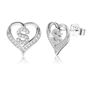 LAXPICOL 26 Initial Earrings for Women Letter A-Z 925 Sterling Silver Stud Earrings Cubic Zirconian Heart Stud Earrings Birthday Valentines Day Gifts for Women 0.5″ Silver Tone