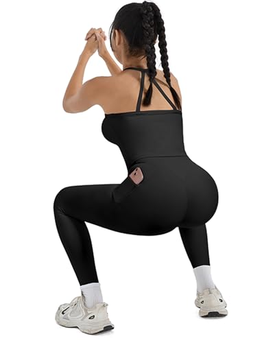 SUUKSESS Women 2 Piece Workout Sets Compression Tummy Control Leggings with Pockets Halter Built in Bra Tank Tops3