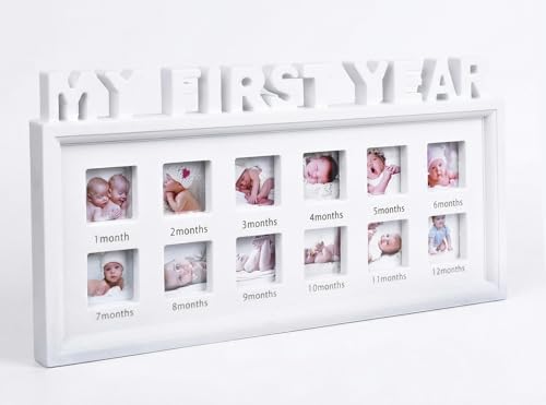 Image of MICKYU My First Year Picture Frame for Baby & Pet - 12 Month Milestone Photo Collage Keepsake, Newborn Shower & 1st Birthday Decor Gift, Shatterproof Acrylic Wall Nursery Display (White)