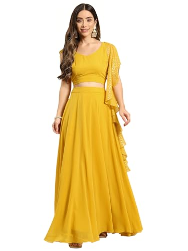 Image of TRENDMALLS Yellow Semi-Stitched Crop Top Lehenga Choli with Foil Print Dupatta For Women (L254-Yellow)