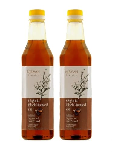 Nirvah Organics Cold Pressed Black Mustard Oil Pack of 2 (1 Litre x 2) Kachi Ghani Mustard Oil for Cooking Certified Organic Good for heart health