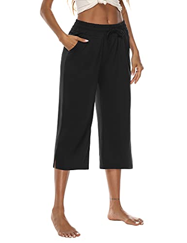 Dibaolong Womens Capri Pants Wide Leg Crop Pants Loose Comfy Drawstring Lounge Pajama Yoga Capris For Women With Pockets Black 2Xl #TOP1