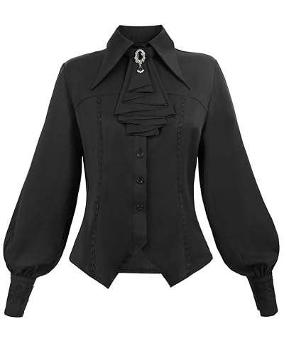 FCCAM Blusa victoriana para mujer, color negro, manga larga, estilo victoriano, camisa con volantes, blusa gótica, blusa pirata, blusa medieval para mujer, Negro , S