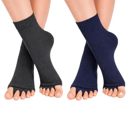 Image of Foot Alignment Orthopedic Cotton Socks for Men & Women | Five Toe Separator | Foot Pain Relief | Bunion Corrector | Plantar Fasciitis Support |Free Size | DarkGry-NavyBlue | 2 Pair | UK8-11