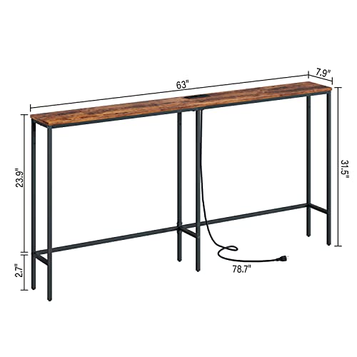 Image of Masupu 63 Inch Console Table with Power Outlet,Modern Narrow Long Sofa Table Behind Couch,Skinny Entry Table with Gold Metal Frame for Entryway,Living Room, Hallway,Rustic Brown