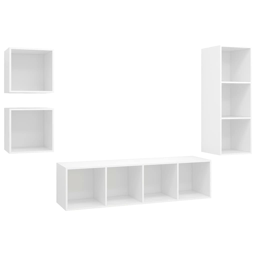 4-TLG. TV-Schrank-Set, Weiß Holzwerkstoff, Modernes Media-Center für Wohnzimmer, Schlafzimmer, Vielseitige Wandmontage, Stilvolle Aufbewahrungslösung