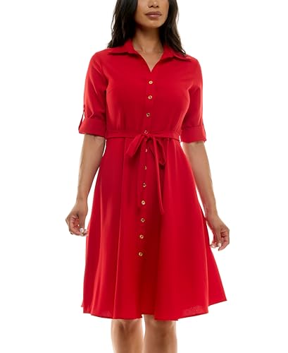 Image of Sharagano Women's Pleated Shirt Dress - 3 /4 Sleeve, V-Neck, Gold Buttons