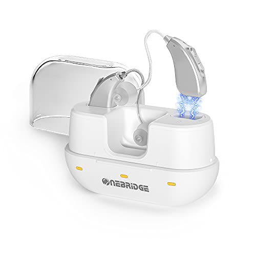 Onebridge Rechargeable Hearing Aids for Seniors, Noise Cancelling and Portable Charging Box Hearing Amplifiers with Intelligent Feedback Suppression and Pitch Elimination (Silver)