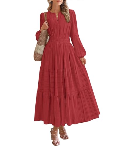 BTFBM Fall Dresses for Women 2025 Casual Long Sleeve V Neck Elastic Waist Lightweight Maxi Wedding Guest Dress Pockets