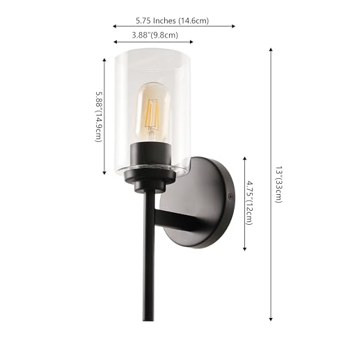 Image of JONATHAN Y 13 inch Black Clear 1-Light Metal Cylinder Wall Sconce Farmhouse Industrial Modern Indoor Lighting for Hallway Bathroom with Glass Shade LED Bulb Included JYL9547D