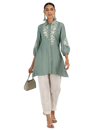 Image of TRENDMALLS Women's Art Silk Embroidery Kurta - Puff Sleeve A line Short Kurti Style Tunic for Women