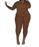 PINSV Women's Plus Size 2 Piece Outfits Tracksuits Long Sleeve Top Pants Sets Loungewear Sweatsuits Brown 5XL