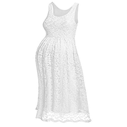 Preisvergleich Produktbild LEXUPE Sexy Umstandskleid Schwangere Mode Spitze Oansatz ärmelloses Kleid(Weiß,Small)