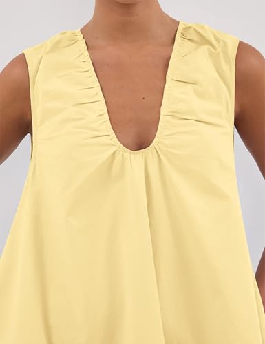 Image of Women Summer Sleeveless Babydoll Mini Dress Scoop Neck Loose Fit Tank Dresses Party Ruched Short Dress with Pockets