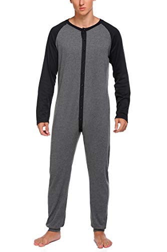 Hotouch Onesie Pajmas Mens Thermal Underwear Lightweight One Piece Pajama Long Sleeve Jumpsuit Loungewear Gray S