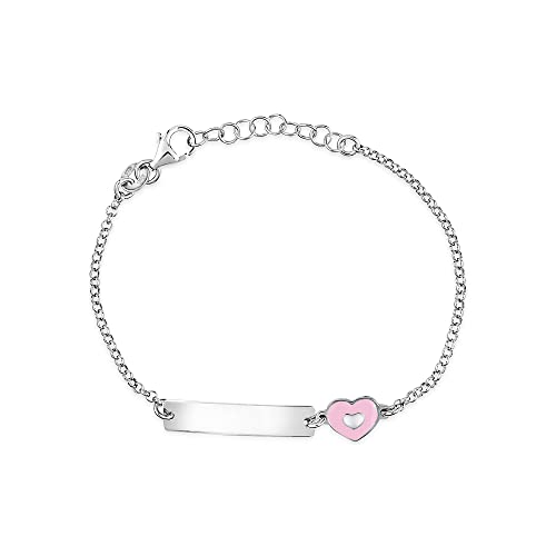 Image of UNICORNJ Sterling Silver 925 Engravable ID Bracelet Rolo Chain for Girls Heart with Pink Enamel 6.5 inch