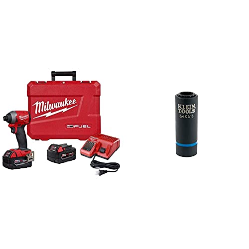 Milwaukee (MLW 2853-22) M18 Fuel 1/4IN Hex Impact Driver XC Kit & Klein Tools 66001 2-in-1 Impact Socket, Socket Wrench Sizes 3/4-Inch and 9/16-Inch Hex, 12-Point Deep Socket with 1/2-Inch Drive