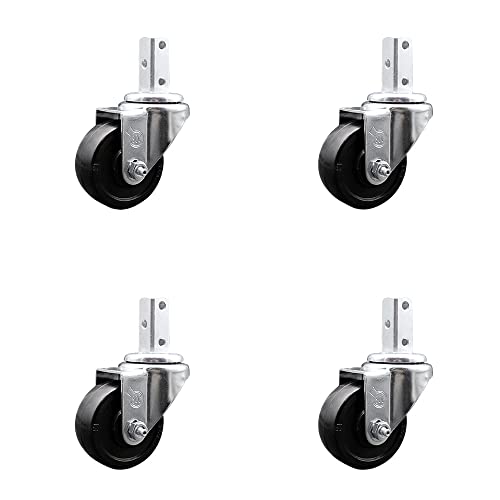 Swivel Square Stem Caster Set 4 w/3” x 1.25” Black Soft Rubber Wheel - 3/4” x 2” Square Stem with (3) 17/64” Diameter Mounting Holes - Includes 4 Swivel - 700 lbs. Cpty/Caster - Service Caster Brand