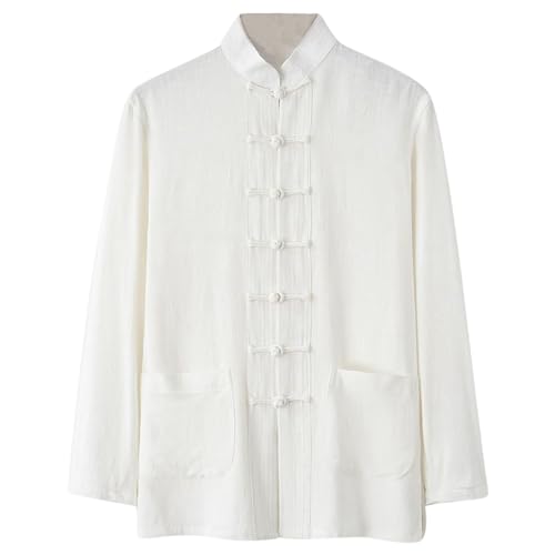 2025- Camisa Hombre Manga Larga- Camiseta De Gran Tamaño Algodón Lino Vintage Casual Color Sólido Amplio Cómodo Para Todos Los Días Pasarros Blusa Chic Básico Otoño Top, blanco, L