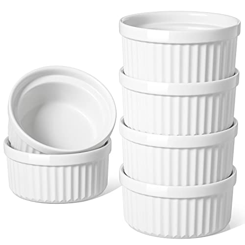 Ramequines de porcelana blanca, 200 ml, moldes para hornear soufflé, plato de porcelana para pasteles pequeños, crema brulee, pudín y salsa de helado, paquete duradero de 6 unidades