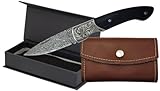 Navaja Damasco 67 Capas | Hoja 7,2 cm, Bloqueo Pistón, Mango Madera Negro, Virola y Forros de Acero | Caja Imantada | Llavero Monedero de Piel Hecho en España para 6 LLaves (Damasco Madera Negra)