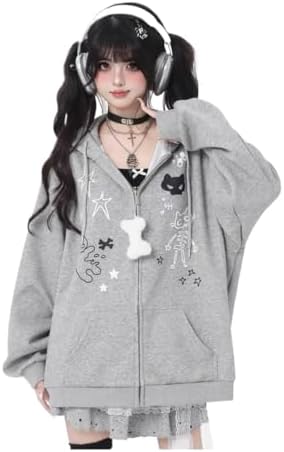 Kawaii Cat Ear Zip Up Hoodie with Adjustable Bow Women's Oversized Y2K Sweatshirt Coquette Style Winter Jacket