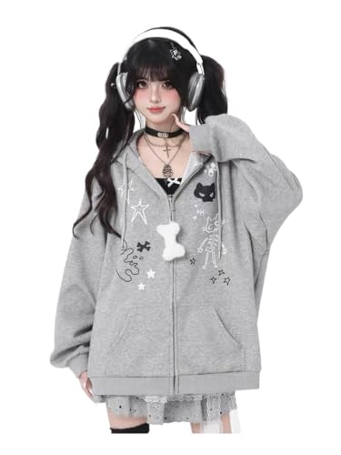 Xojbzoo Kawaii Cat Ear Zip Up Hoodie with Adjustable Bow Womens Oversized Y2K Sweatshirt Coquette Style Winter Jacket (Grey Medium)
