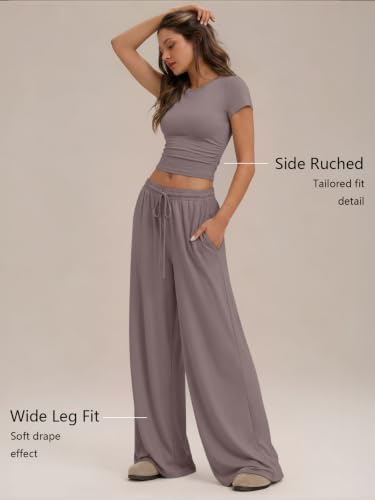 Image of Trendy Queen 2 Piece Matching Summer Lounge Set Womens Side Ruching Top Wide Leg Pants Sets with Pockets