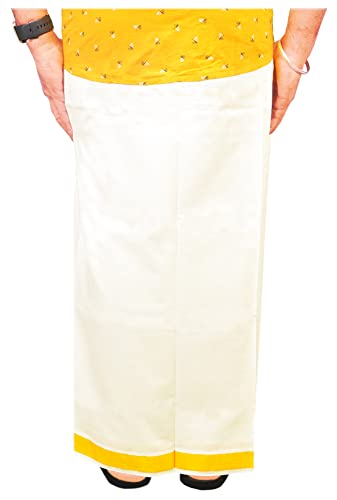 Image of Mens Rich Jari Border 100% Cotton Cream Dhoti 4.00 Meters Double Mundu /Vesti