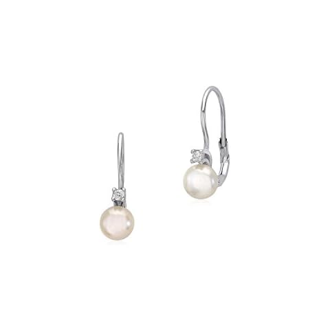 UNICORNJ Sterling Silver 925 Cultured Pearl Button Leverback Earrings with Cubic Zirconia 6mm Italy Cover