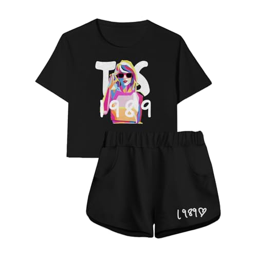 Image of TOOPYNOI Girls Crop Shorts Set, Graphic Short Sleeve Top Lounge Sets with Pockets Toddler Kids 2 Piece Country Music Outfit