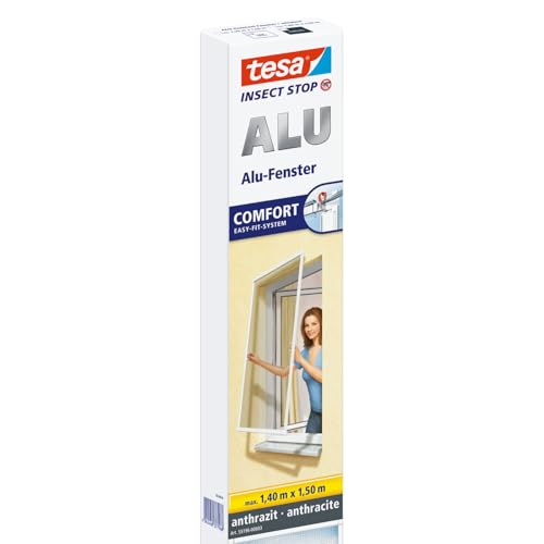 tesa Insect Stop ALU Comfort Fliegengitter für Fenster - Insektenschutz mit Rahmen aus Aluminium - Fliegen Netz ohne Bohren - Anthrazit, 140 cm x 150 cm